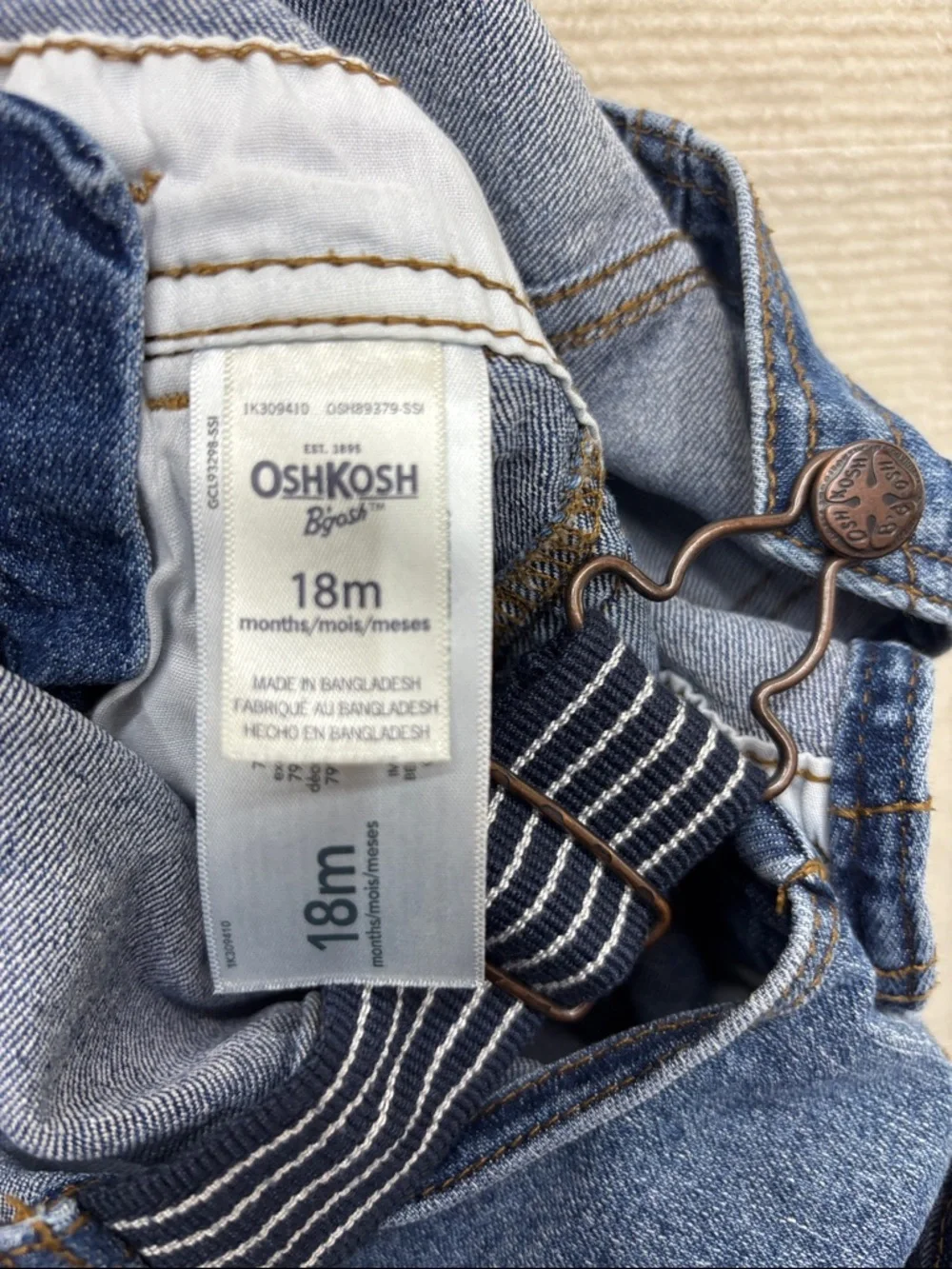 OshKosh B'gosh Dark Blue Denim Overalls with Striped Straps 18M